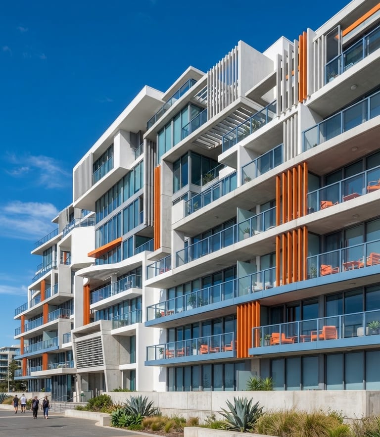 Sharp architectural photograph of a modern coastal building facade in bright daylight, clean technical lines, deep blue sky, high detail, 35mm