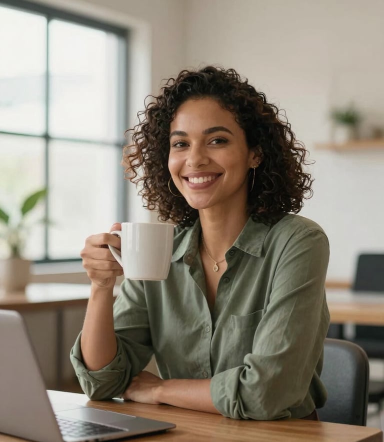 Approachable Brazilian accountant in a bright modern workspace, soft natural window light, smiling warmly, holding a coffee mug, 35mm editorial photography.