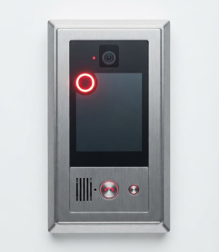 Front-on technical orthographic shot of a sleek brushed-metal smart intercom terminal with a glowing red access indicator, bright studio lighting, clean white background, sharp crimson accents, 50mm lens