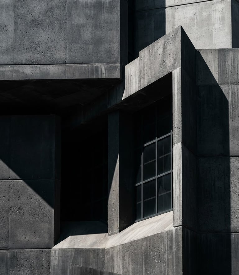 A tight geometric crop of modern corporate concrete architecture with sharp daylight shadows, deep slate and obsidian tones, minimalist composition.