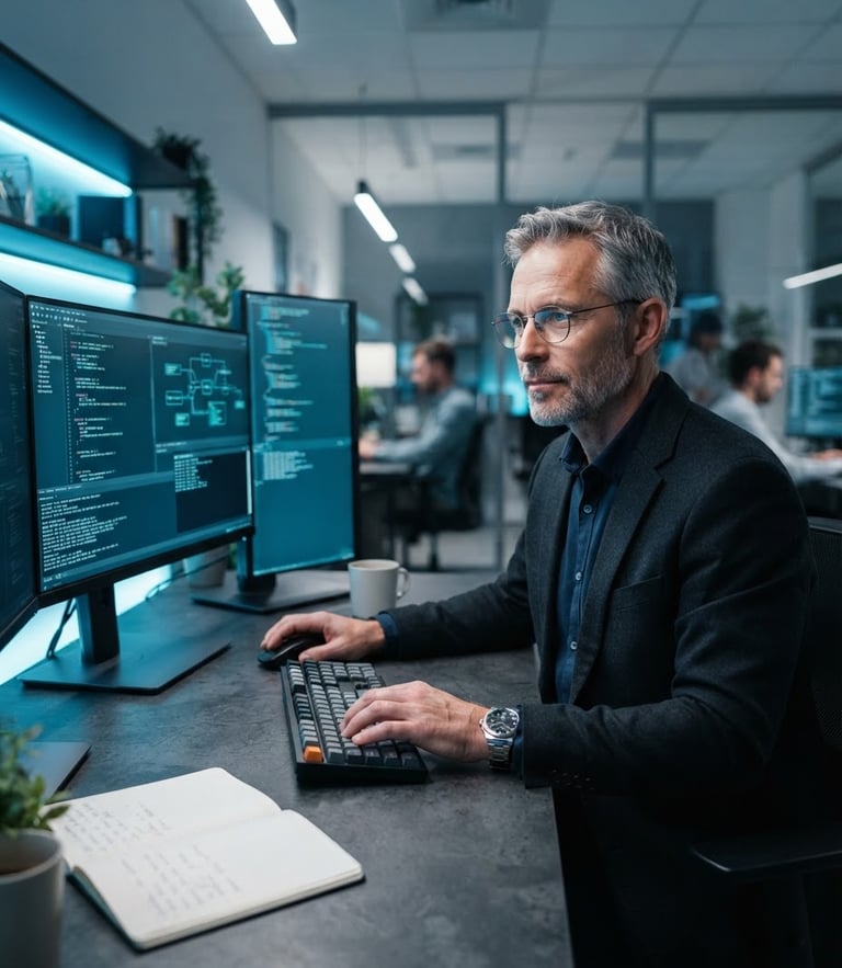 Professional portrait of a senior IT specialist in a clean, modern workspace, cool crisp studio lighting, subtle blue backlighting, sharp focus, 50mm lens.