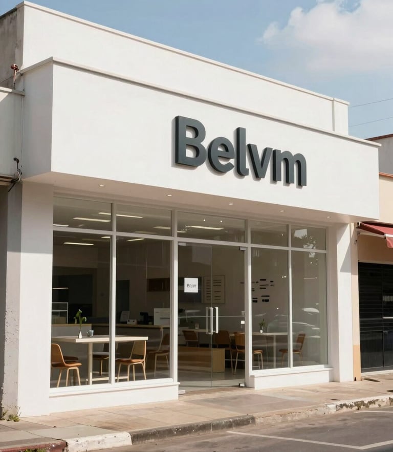 Wide environmental shot of a modern, bright local storefront in Belém, equatorial daylight, clean architectural lines.
