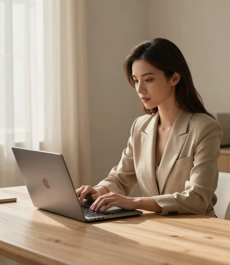 Elegant female professional working on a MacBook at a minimalist wooden desk, soft morning light filtering through linen curtains, warm sand tones, clean composition, editorial style.