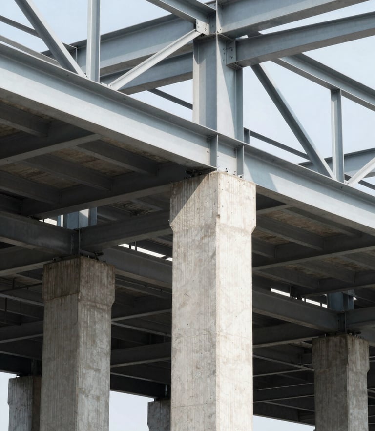 Architectural photography of exposed steel framework and industrial concrete columns, sharp geometric lines, bright daylight with high-contrast cool shadows, 35mm lens