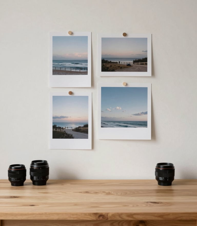 A quiet studio workspace with a clean wooden desk, a mood board pinned to a neutral wall showing soft-exposure editorial photography, gentle shadows, 35mm lens.