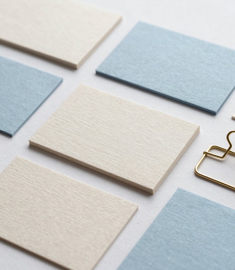 A flat lay of tactile paper samples in pale almond and sky blue tones, textured business cards, and a minimalist brass clip, soft overcast daylight, 35mm lens.