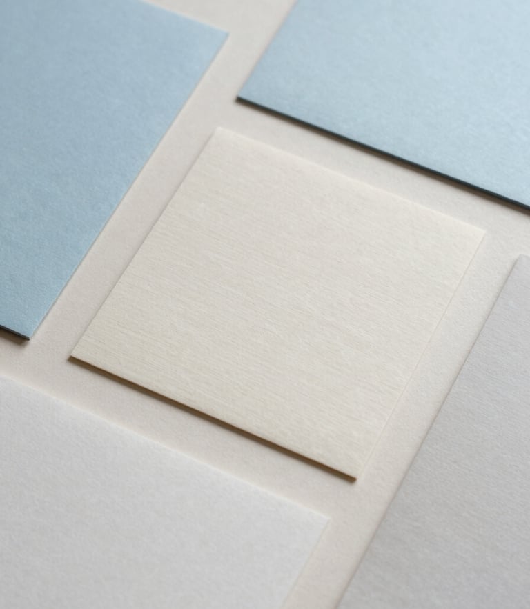 A minimalist flat lay of tactile paper samples and soft shadows on a pale almond surface, overcast daylight, 35mm lens