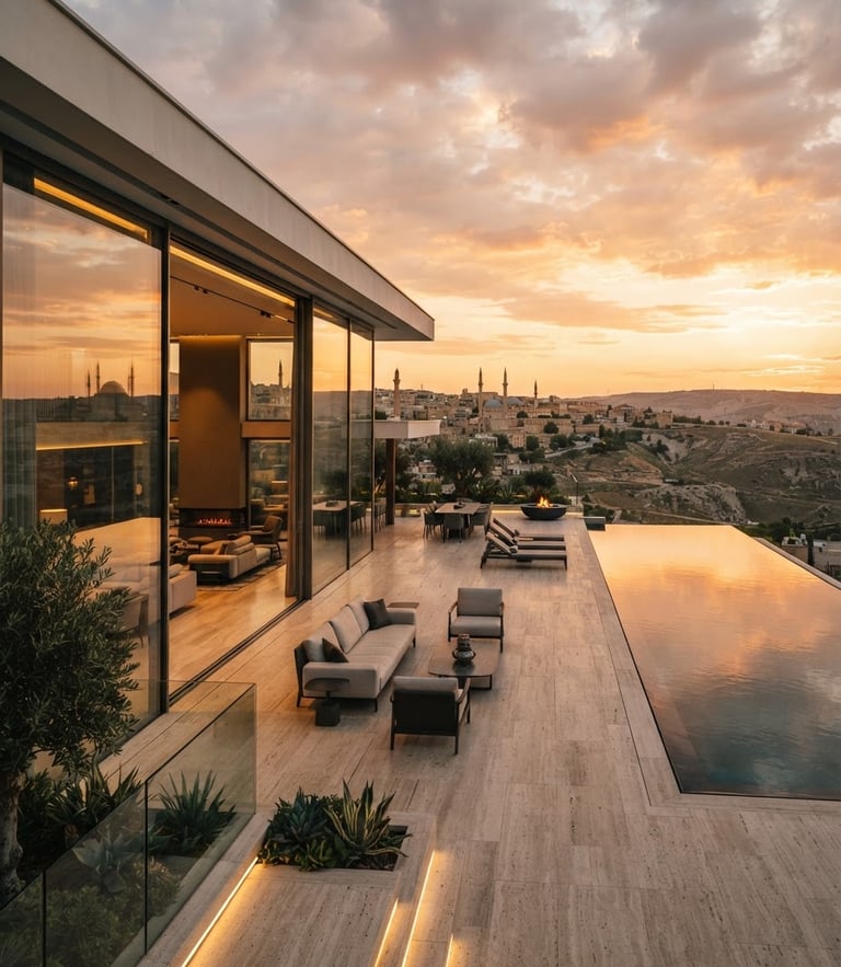 Wide architectural photograph of a modern luxury villa terrace in Şanlıurfa at sunset, featuring sleek minimalist sliding glass systems, warm golden hour reflections on pristine glass, deep contrast, 35mm