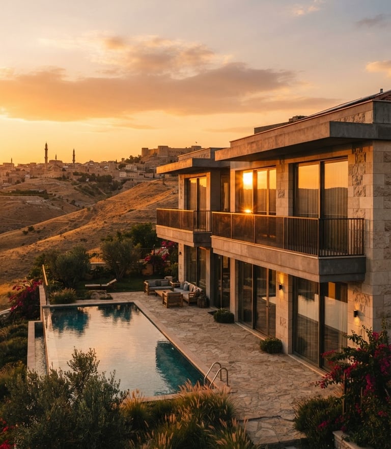 Wide architectural exterior of a luxury villa in Şanlıurfa at sunset, light reflecting off clean glass balcony panels, golden hour, 35mm