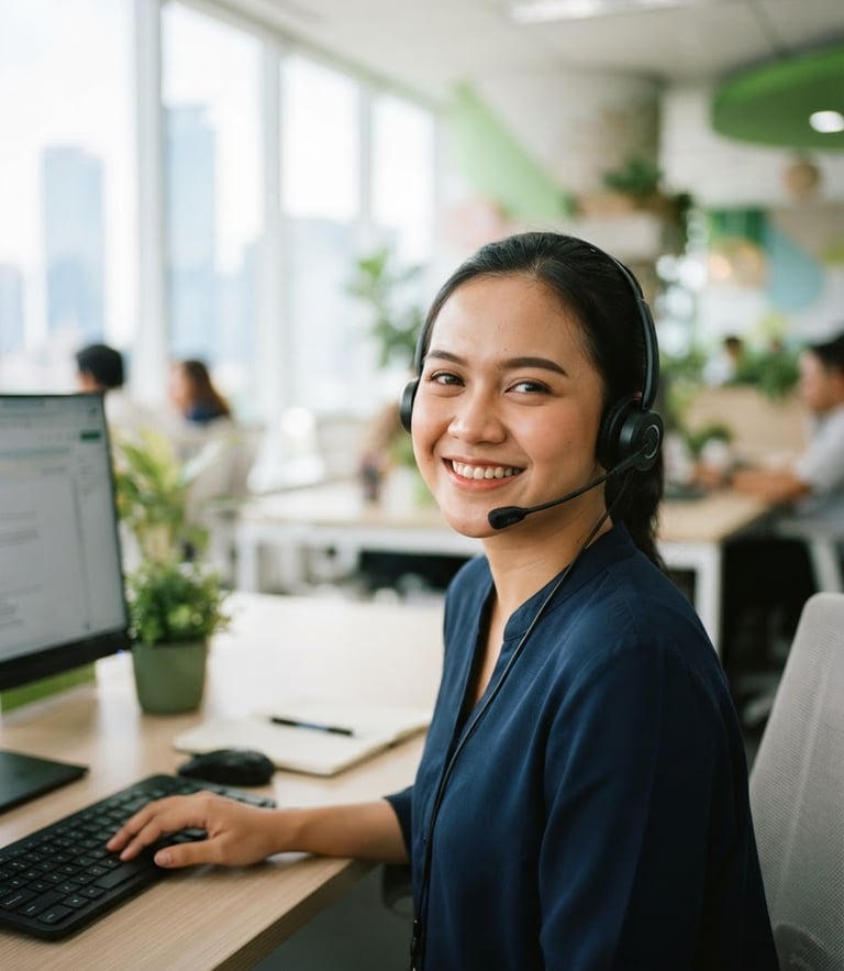 Medium close-up of a smiling Indonesian female customer service agent with a headset, bright modern office in Jakarta, natural daylight, soft green accents, 35mm photography