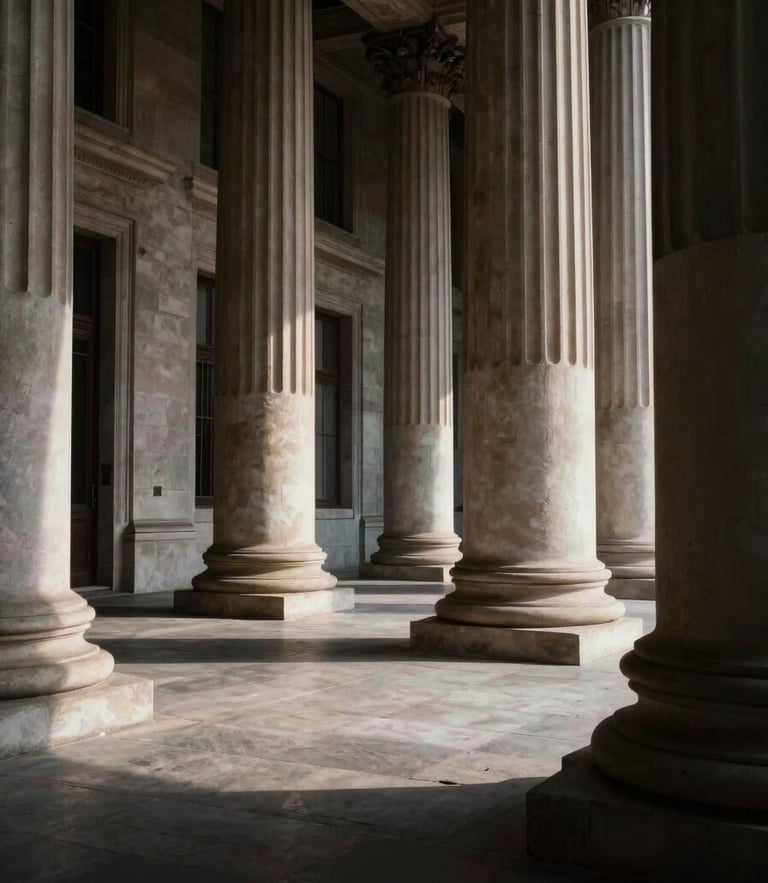 Wide dramatic low-key shot of empty grand stone columns of a government palace, deep shadows, sharp cinematic lighting, high contrast.