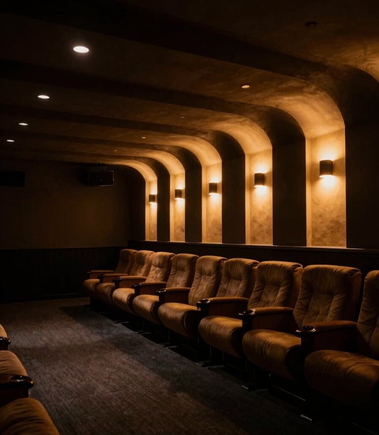 Low-key dramatic architectural lighting of a bespoke private cinema interior with warm amber glows, deep controlled shadows, anamorphic lens, 35mm