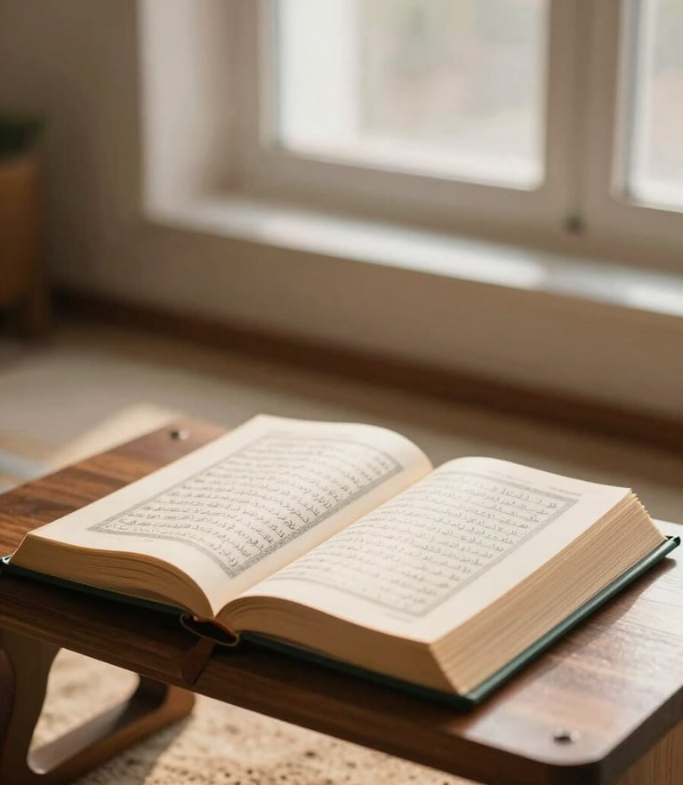 An open Quran on a wooden rehal under soft morning window light, warm sand tones, shallow depth of field, 35mm lens