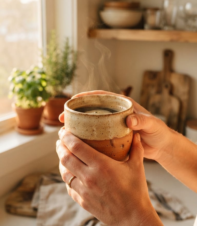 Close-up of hands holding a steaming terracotta mug filled with coffee, warm golden-hour window light, highly tactile glaze texture, cozy kitchen background, 35mm