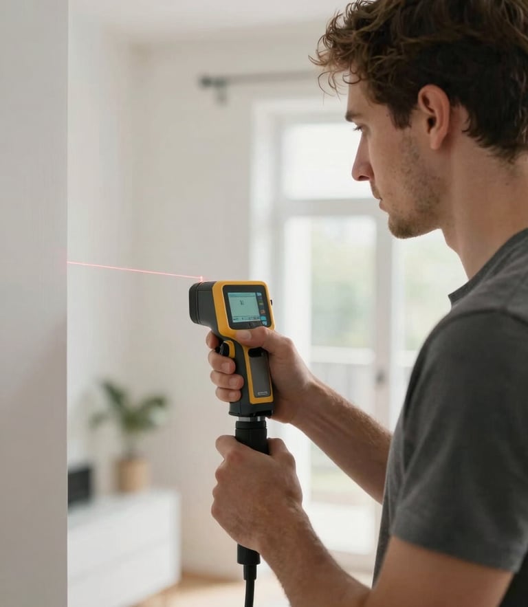 Medium-close shot of a certified inspector using a digital laser measuring device inside a bright, modern Belgian apartment with clean neutral daylight.