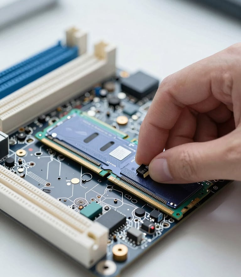 Macro photograph of clean motherboard components, hands carefully installing RAM, bright natural daylight mixed with cool-toned workbench lighting, 50mm sharp focus.