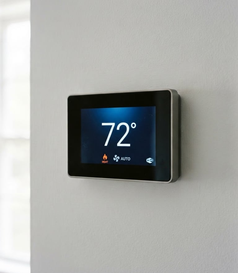 A close-up of a modern digital thermostat screen displaying seventy-two degrees, crisp natural daylight illuminating a clean residential wall, 35mm photography