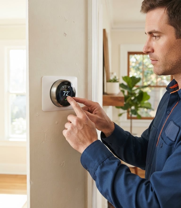 Medium close-up of a technician in a clean uniform adjusting a digital thermostat in a bright, sunlit home interior, sharp focus.