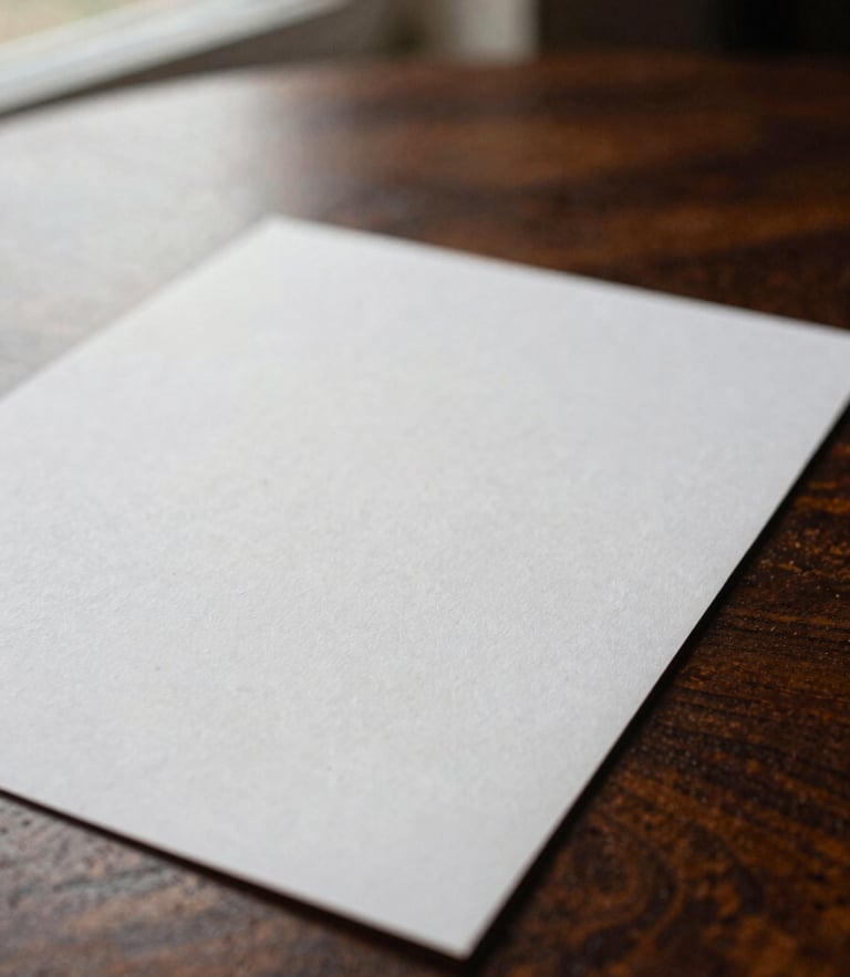 Warm editorial close-up of heavy embossed letterhead paper stock resting on a dark mocha wooden table, soft natural side lighting, shallow depth of field, 35mm
