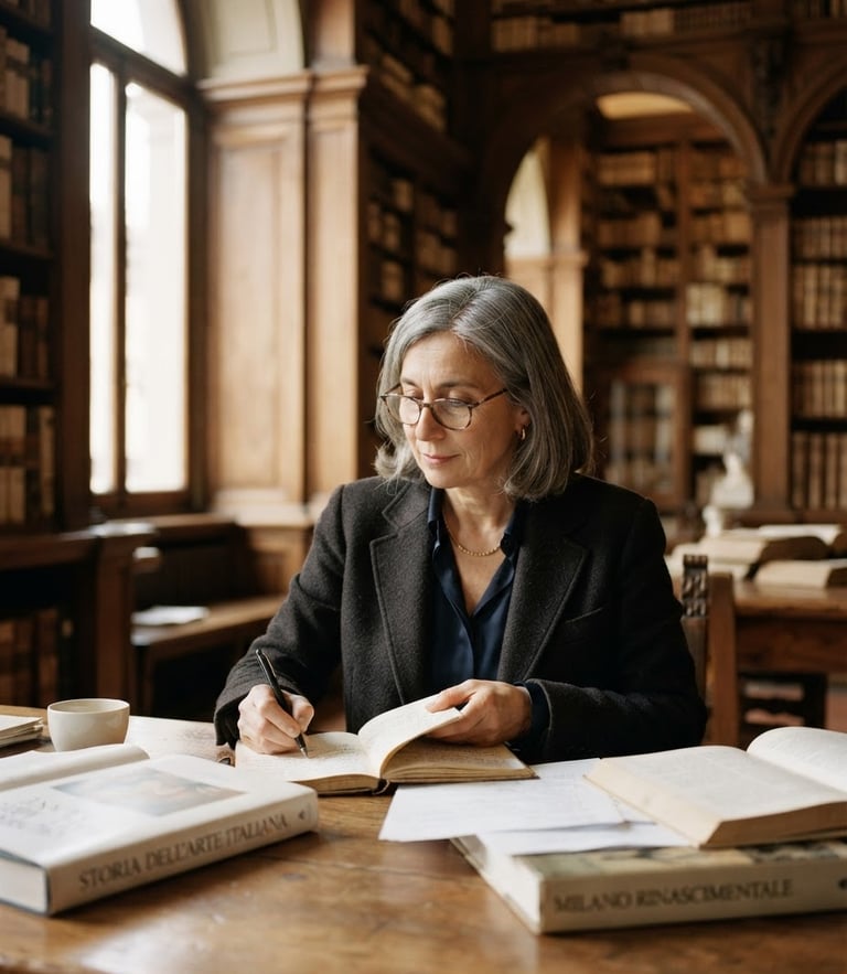 Editorial portrait of a senior academic director in a sunlit historic library in Milan, soft natural window light, shallow depth of field, 35mm