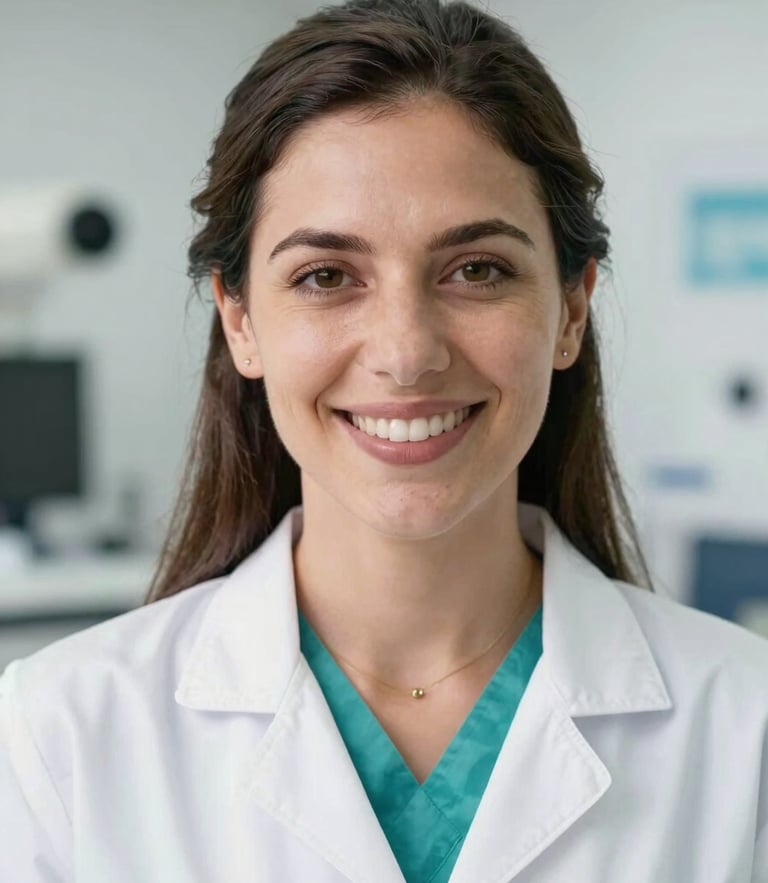 Professional portrait of Kathia Álvarez Benítez, smiling confidently, bright clinical daylight, crisp white and teal tones, sharp focus, 35mm
