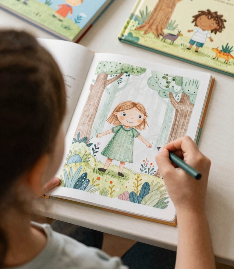 Warm environmental over-the-shoulder shot of an illustrator sketching a whimsical forest character, soft natural daylight, rich pastel tones, 35mm