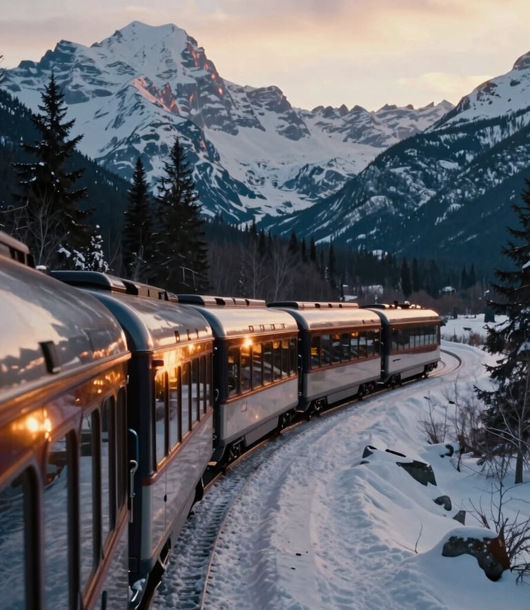 Cinematic 35mm shot of a luxury passenger train winding through the snow-capped Canadian Rockies at golden hour, warm sunlight reflecting off the glass-dome cabins.