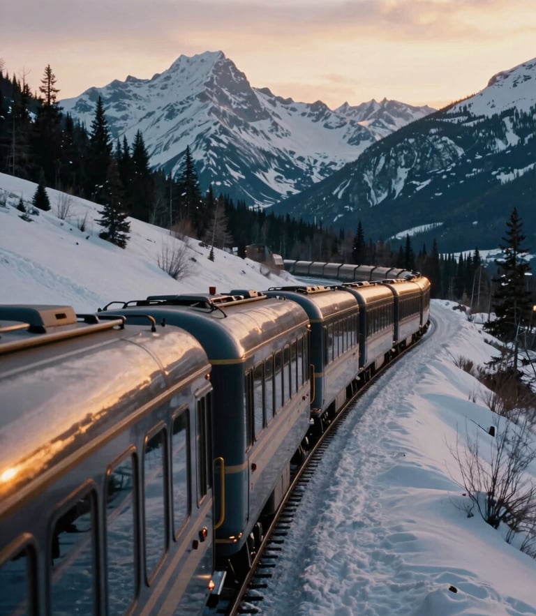 Cinematic wide-angle shot of a sleek passenger train winding through the snow-capped Canadian Rockies, golden-hour sunlight reflecting off the glass-dome cabins, 35mm film aesthetic