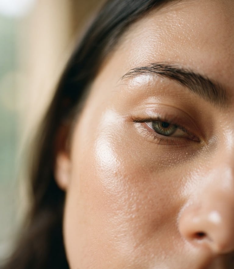 Macro shot of healthy, glowing skin with soft morning light reflecting off the cheekbone, clean minimalist composition, shallow depth of field, 35mm