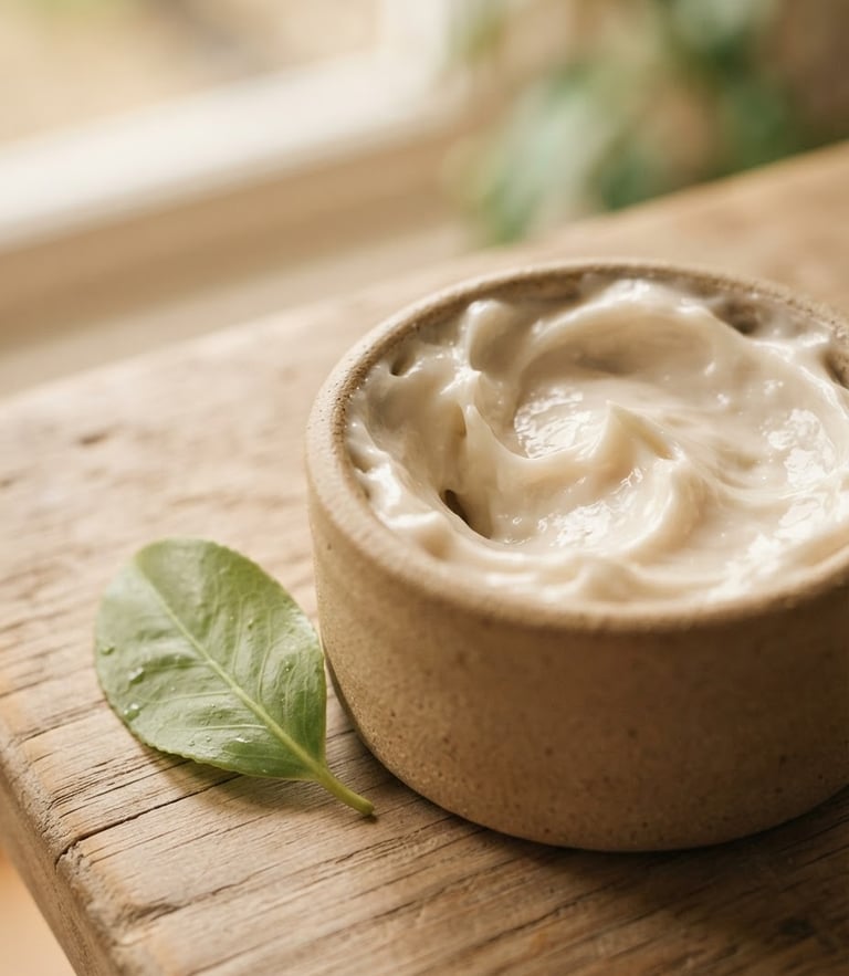 Close-up of rich skincare cream texture with a soft green botanical leaf beside it, warm natural morning light, shallow depth of field