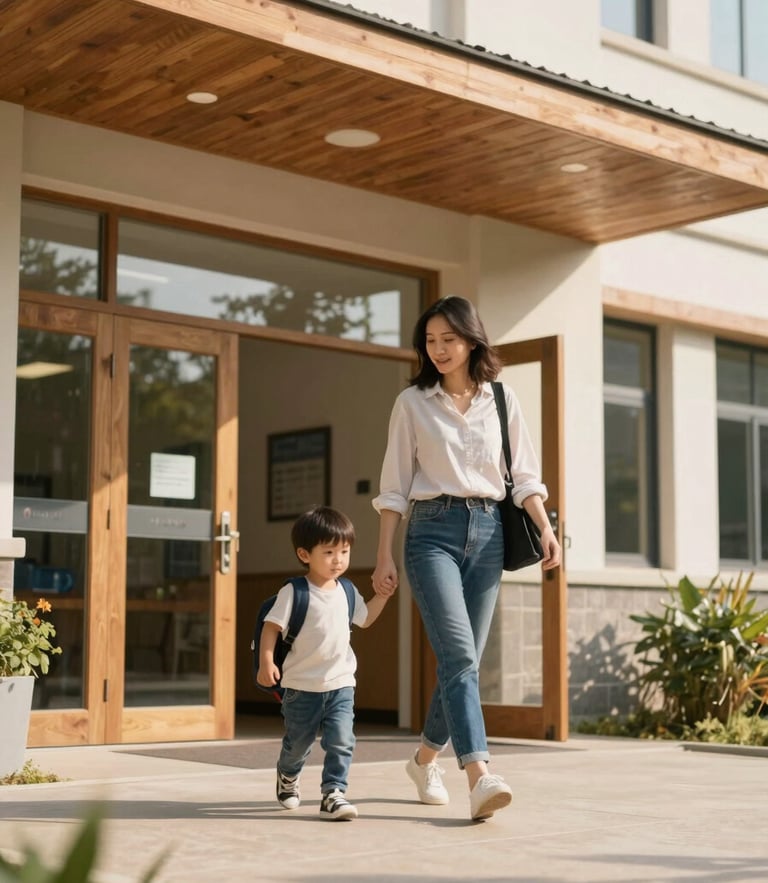 Low-angle shot of a mother walking her young child into a sunlit, modern school entrance with warm wood accents, natural morning light.