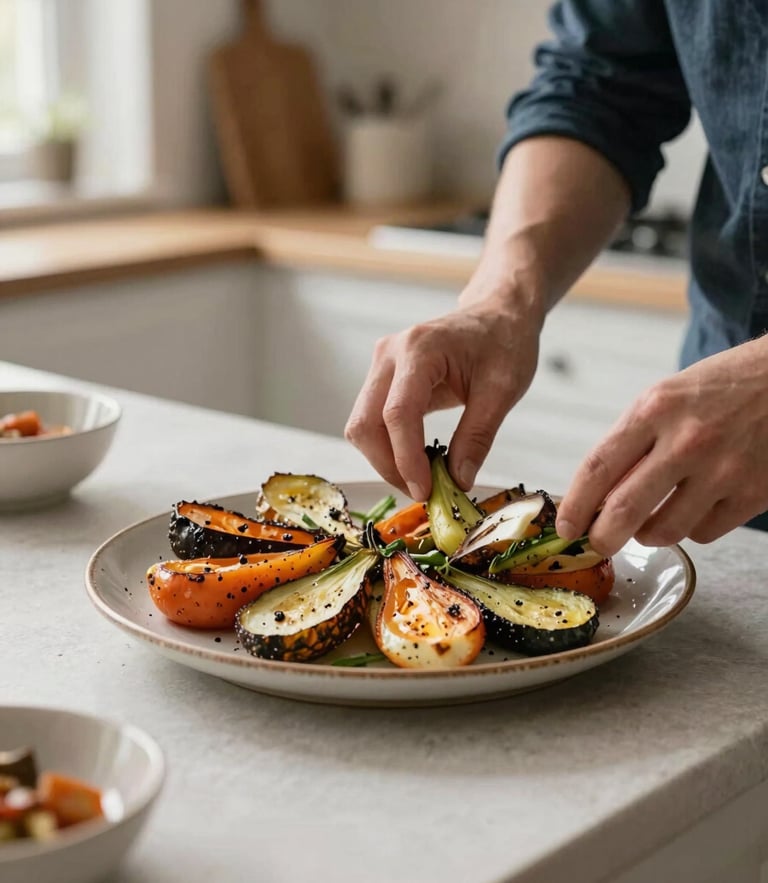 Behind-the-scenes shot of a professional photographer styling a rustic plate of seasonal roasted vegetables in a warm, naturally lit kitchen, cozy Scandinavian editorial style, 35mm