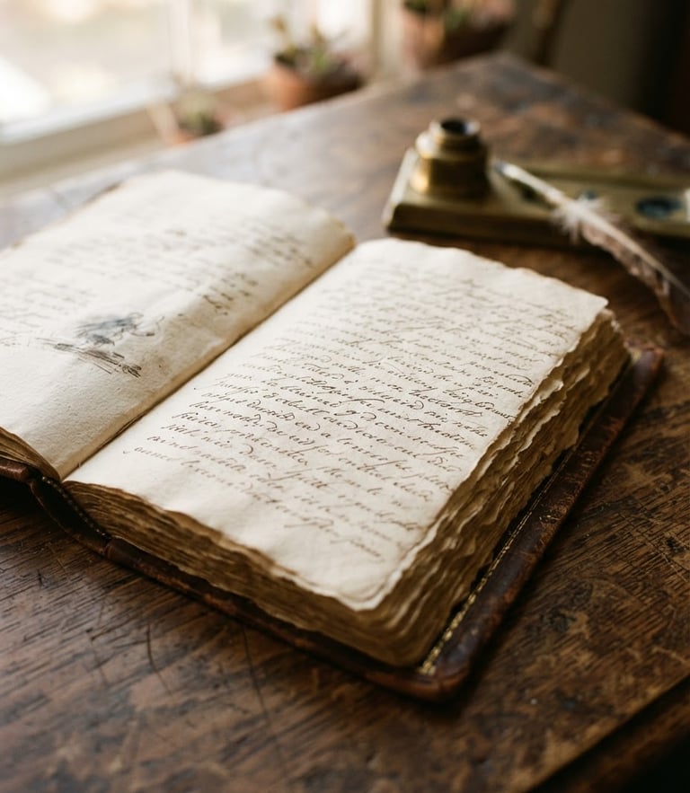 Close-up of an open classic leather-bound book on a dark wooden desk, warm natural window light highlighting the textured paper and elegant typography, shallow depth of field.