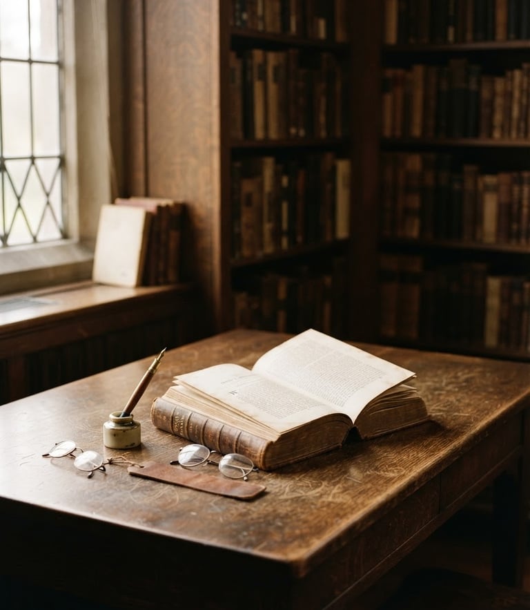 A quiet, historic library desk with an open classic book, soft natural window light casting long shadows, warm editorial photography, 35mm film texture.
