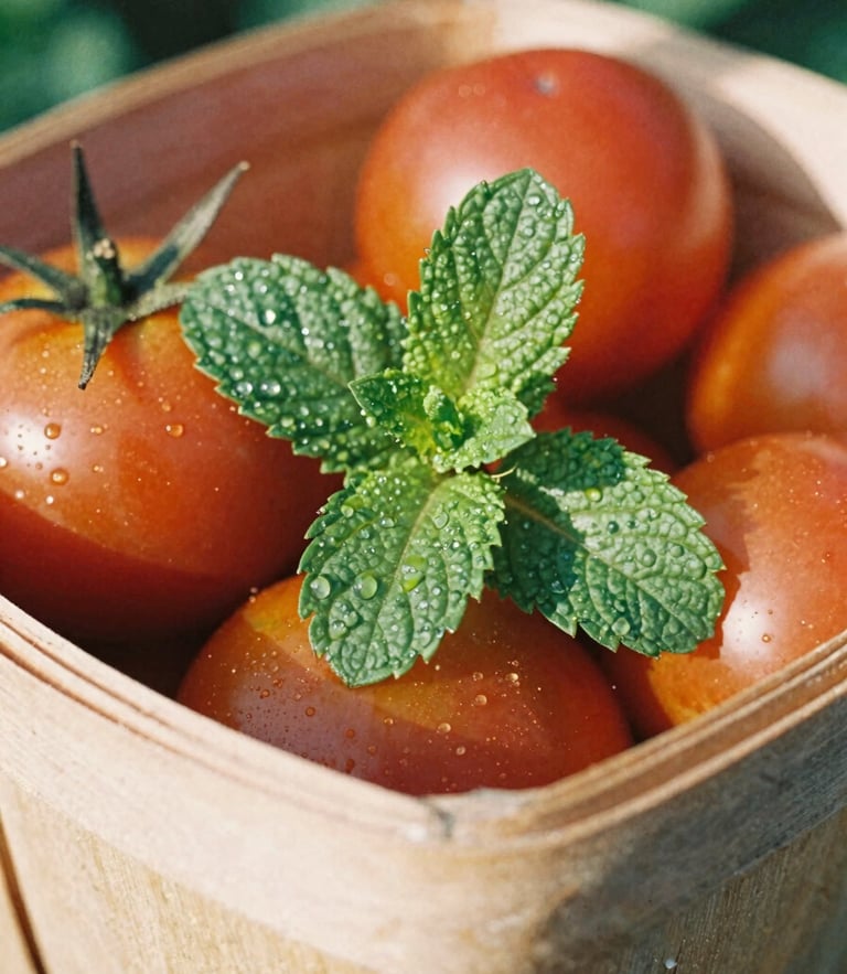 Macro close-up of vibrant dew-kissed mint leaves and heirloom tomatoes in a rustic wooden basket, bright natural morning sunlight, 35mm film