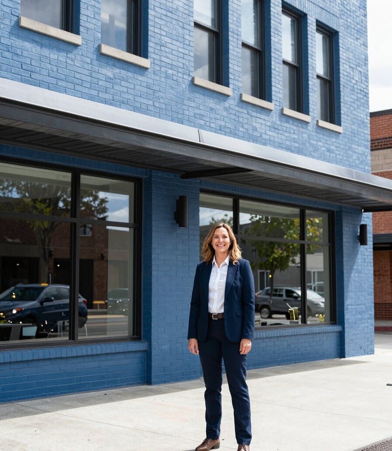 Approachable local insurance agent standing outside a modern brick office on Front Street in downtown Boise, bright natural daylight, clean blue tones.