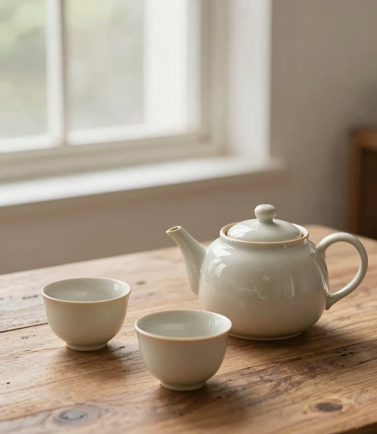 A warm domestic interior, soft natural window light, a ceramic teapot and two matching cups on a rustic wooden table, shallow depth of field