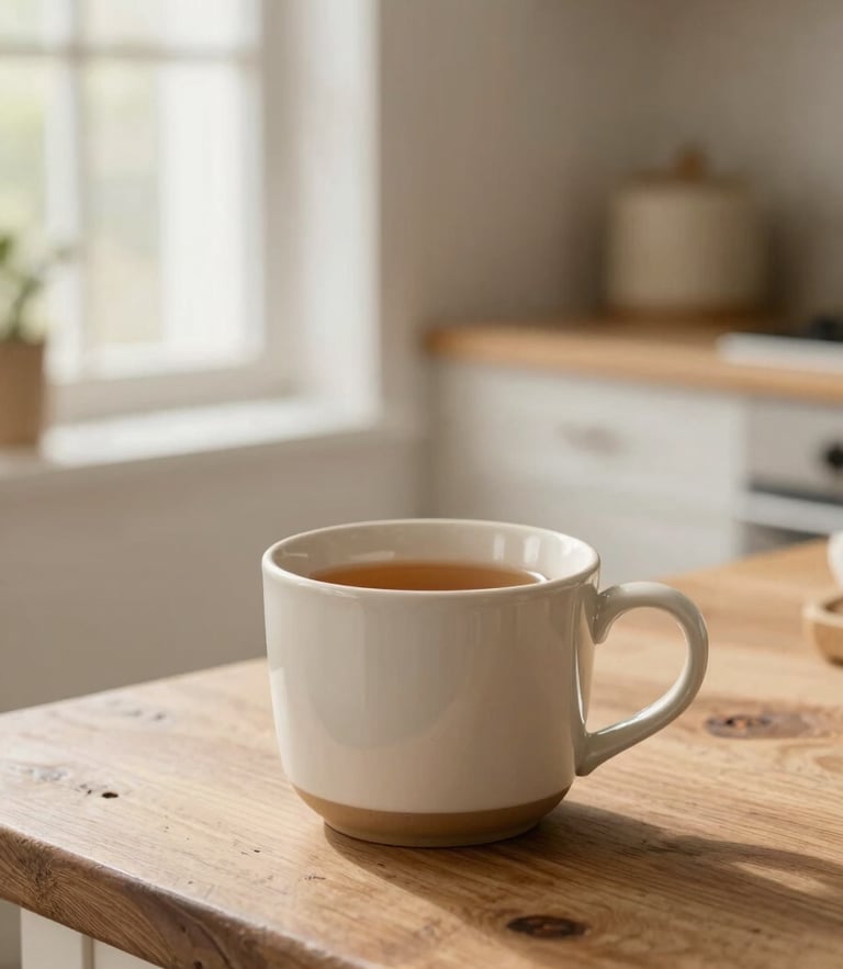 A warm domestic kitchen interior bathed in soft window light, a ceramic mug of tea resting on a rustic wooden table, shallow depth of field, 35mm