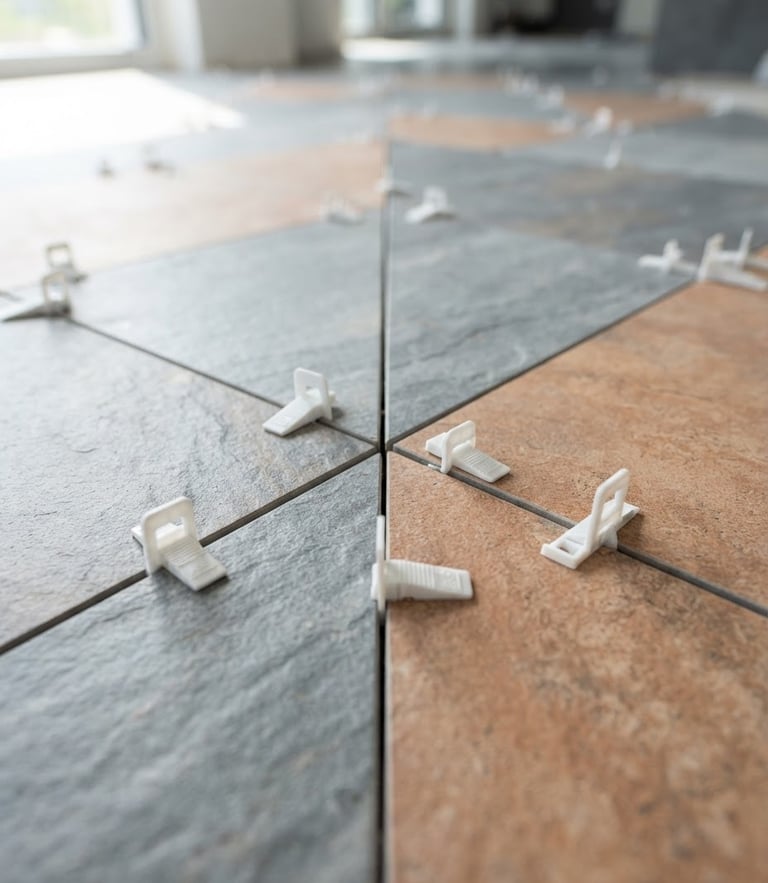 Macro shot of perfectly aligned large-format tiles with leveling clips, bright daylight highlighting the precise grout lines, architectural focus, 35mm