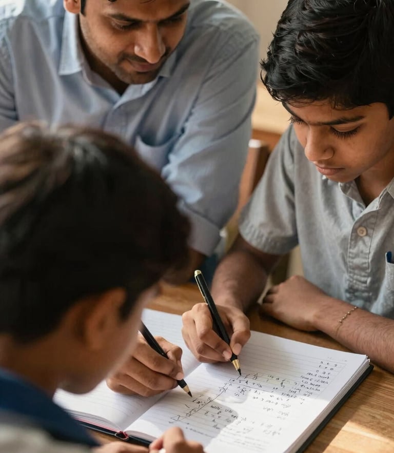 Warm afternoon natural light, an Indian tutor guiding a high-school student through a notebook, close-up on handwritten calculations, supportive atmosphere.