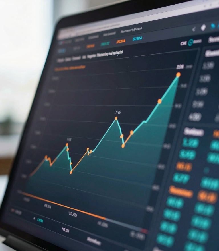 Macro close-up of a high-contrast marketing analytics dashboard on a dark screen, crisp teal and orange data lines, shallow depth of field