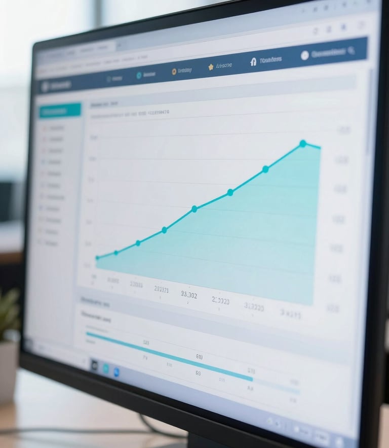 Macro shot of a clean analytics dashboard displaying conversion rates on a high-resolution screen, cool blue and teal glow, razor-sharp focus