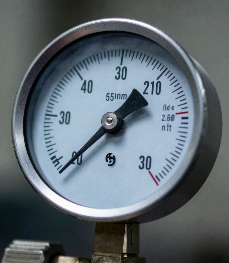 Macro close-up of a high-pressure industrial gauge with cool steel tones, dramatic workshop lighting, sharp focus, 35mm lens