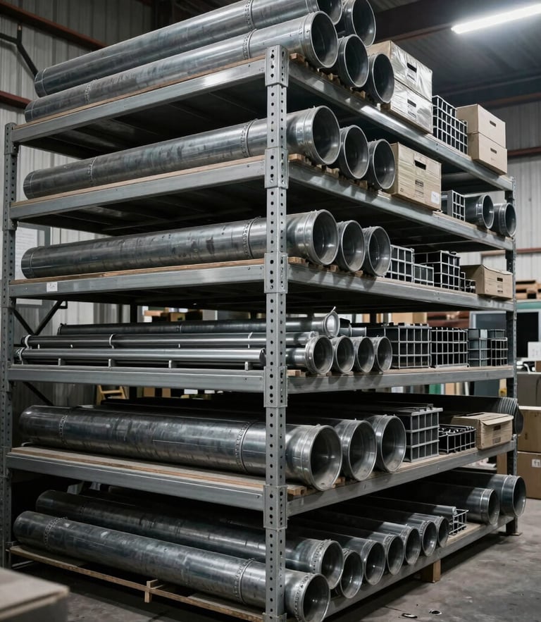 Wide shot of organized industrial warehouse shelving in Karachi, heavy steel pipes and boxed components neatly stacked under high-contrast workshop lighting.