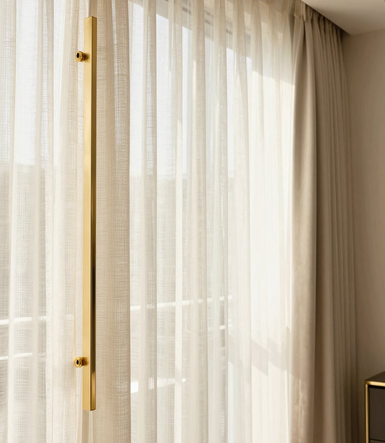 Straight-on architectural detail of premium champagne gold hardware holding sheer linen curtains, natural daylight flooding a warm beige corporate office, 35mm