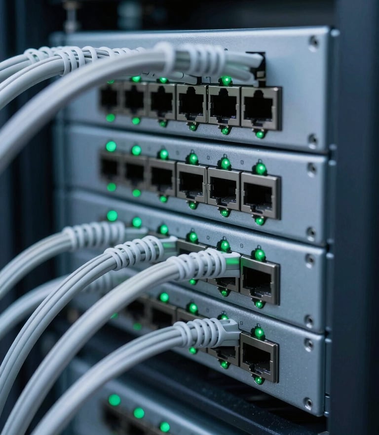 Macro close-up of server racks with clean cable management, active green indicator lights glowing on network switches, cool daylight, sharp focus, desaturated blues