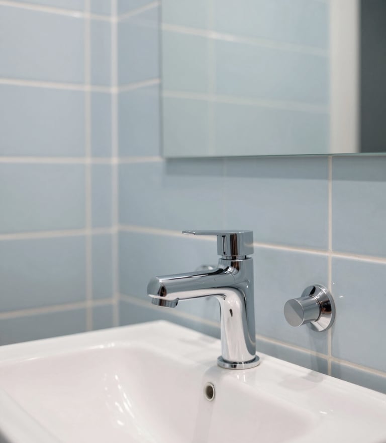 A photography of a beautifully finished modern bathroom in a Western European / French residence, showing sleek plumbing fixtures and pale sky blue tiling. The style is minimalist and clean, suggesting high-quality execution and modern design.