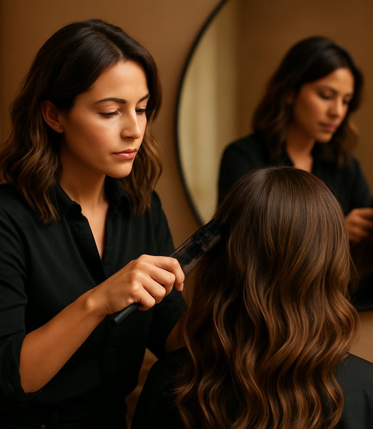 A professional female beauty stylist texturing hair, warm indoor studio lighting, over-the-shoulder mirror reflection, 35mm lens