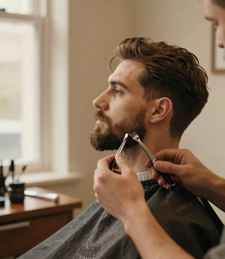 A master barber detailing a sharp beard line with styling tools on a wooden station, warm amber tones, 35mm lens