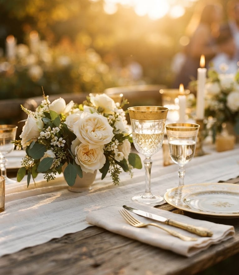 Warm editorial photography, golden-hour natural light, a close-up of a luxury table setting with gold-rimmed crystal glasses and ivory roses, shallow depth of field